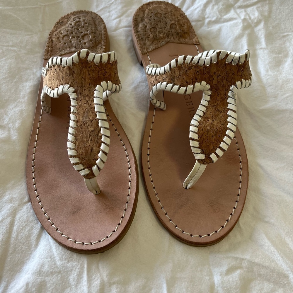 Jack Rogers Jackie Leather Sandals Womens Side 8 Cork White Tan Thongs.